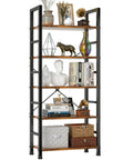 Industrial 5 Tier Bookshelf With Sturdy Metal Frame And Open Wooden Shelves Free Standing Bookcase For Living Room Bedroom And Office Heavy Duty Display Rack 62.2 Inches Tall Brown filled with decor and books.