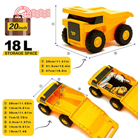 PUQU monster-truck design kids travel suitcase with wheels; front view, yellow, 20-inch, 18L storage.