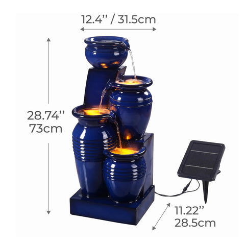 4 Tier Cascading Solar Powered Water Fountain With Navy Finish Illuminated By LED Lights Outdoor Garden Water Feature