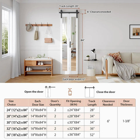 White Bifold Barn Doors 24X84 Inch Featuring Killer Full Length Mirror Easy Glide Hardware Super Solid Frame with 28 inch track.