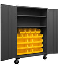 Heavy Duty Rolling Lockable Mobile Cabinet With 18 Bright Yellow Hook On Bins That Snap Right In No Fuss Setup Two Adjustable Shelves Built Tough From Shop Grade Steel, open view showing organizational bins.