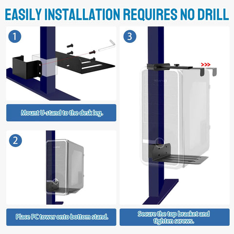 Installation guide for Built Tough Under Desk PC Mount Clamp On Computer Tower Case Holder on desk leg.