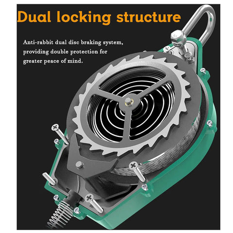 Close-up of the dual disc brake system of Job Site Ready Self Retracting Lifeline Built Tough With Corrosion Resistant Steel Cable.