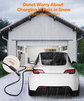 Top Notch 21 Foot Ev Charging Extension Cable 50 Amp 240 Volt Nacs Connector close-up on car charging in rain with IP55 protection.