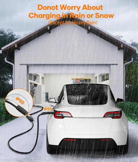 Top Notch 21 Foot Ev Charging Extension Cable 50 Amp 240 Volt Nacs Connector close-up on car charging in rain with IP55 protection.
