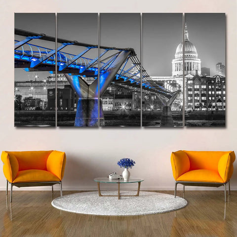 Black and white cityscape with blue-lit bridge, featuring St. Paul's Cathedral in the background, stylish modern living room decor.