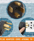 Plug And Play No Fuss Eighteen Inch Dryer Cord Adapter From Four Prong To Three Prong And From Three Prong To Four Prong NEMA 14 30P Male To 10 30R Female 30A 250V STW 10AWG Heavy Duty Dryer Cord Adapter For 240V Electric Dryers showing plug and outlet.