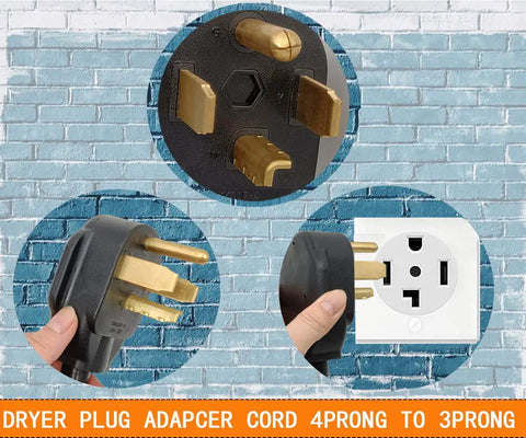 Plug And Play No Fuss Eighteen Inch Dryer Cord Adapter From Four Prong To Three Prong And From Three Prong To Four Prong NEMA 14 30P Male To 10 30R Female 30A 250V STW 10AWG Heavy Duty Dryer Cord Adapter For 240V Electric Dryers showing plug and outlet.
