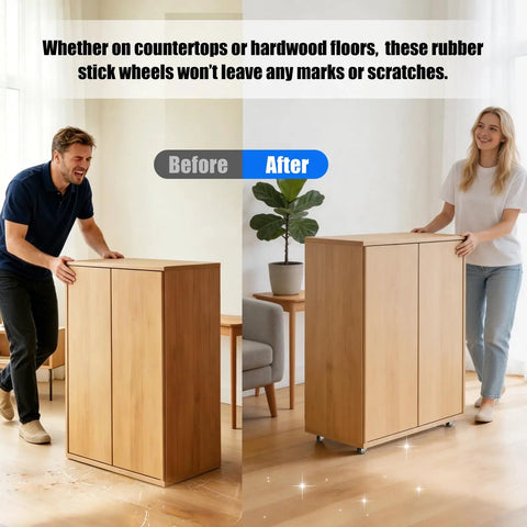 Before and after using Tiny Half Inch Caster Wheels Set With 360 Degree Swivel Low Profile Plate Casters on wooden furniture