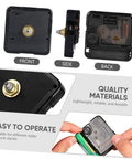 Quartz Clock Movement Replacement Battery Operated DIY Repair Kit showing front, side, back views; ABS construction details.