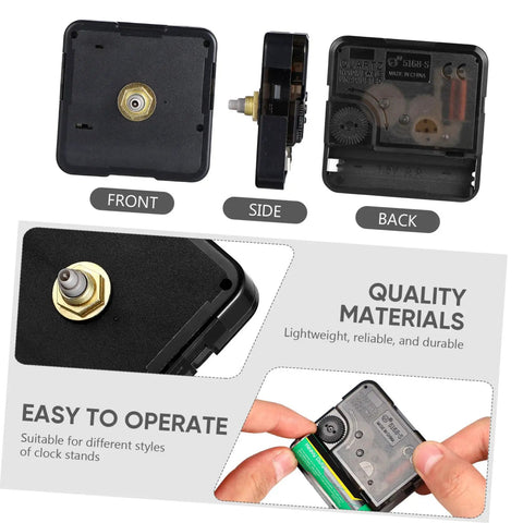 Quartz Clock Movement Replacement Battery Operated DIY Repair Kit showing front, side, back views; ABS construction details.
