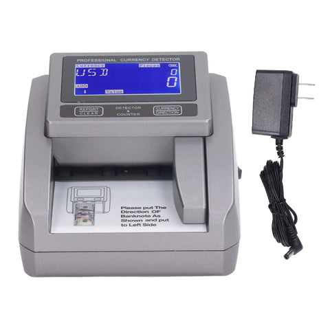 Super Fast Bill Counting Machine For US Dollars With Counterfeit Detection And Smart Value Tracker showing control panel and power adapter.