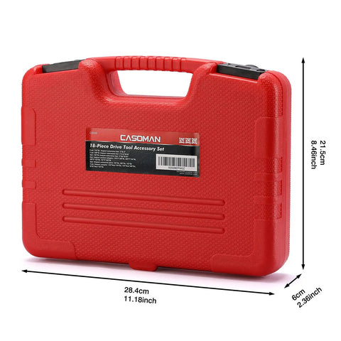 Red case of 18 Piece Drive Tool Accessory Set With Premium CRV Steel and Black Phosphate Finish closed with measurements.