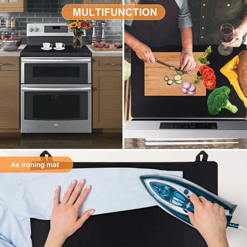 Glass Stove Top Cover That Adds Solid Heat Resistant Protection For Your Large Electric Cooktop in use as multifunction counter space