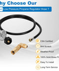 6.5 Ft Propane Regulator And Hose With 90 Degree Elbow Adapter For 17 And 22 Inch Tabletop Griddles displayed with features list