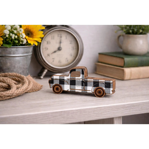 Rustic Wooden Pickup Truck Shelf Sitter Decorative Cut Out Plaid Black And White Farmhouse Decor on desk