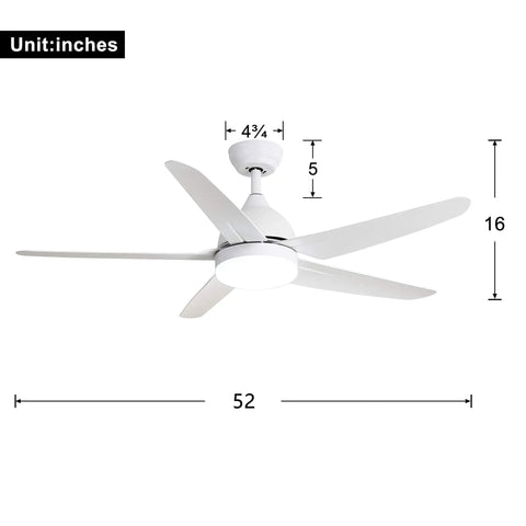 52 Inch Indoor Ceiling Fan With LED Light Kit Remote Control Bronze Motor 5 Wood Blades White Finish Room Ready For Bedroom Living Room Dining Room Energy Efficient Airflow Dope Modern Look with size dimensions shown in inches.