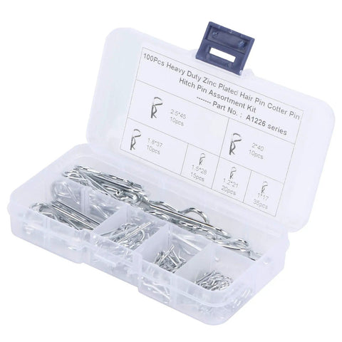 100Pcs Cotter Pins Assortment Kit With Storage Box Carbon Steel Split Pin Clips For Automotive Tractor Hitch And Machinery Fastening Needs Heavy Duty Garage Ready Must Have, open box with assorted sizes