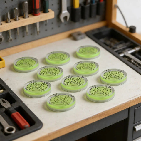 Circular for spirit Level 32mm High Translucent for acrylic Body on a workbench, showcasing multiple levels in a tool setting.
