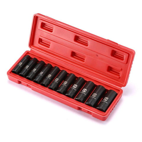 11 Piece 1/2 Inch Drive Deep Impact Socket Set Metric 10 11 12 13 14 16 17 19 21 22 24mm 6 Point Deep Sockets Radius Corner Design CR-V Steel