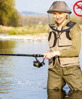 Person fishing with Two Pack Mosquito Head Net Mesh For Hiking And Outdoors Over Hat Keeps Skeeters And Bugs Out Of Your Eyes Nose Ears Face Neck And Shoulders Insect Gnat Fly Shield For Adults, showing protection in action.