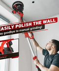 Person using Beast 850W Drywall Sander With Vacuum Dust Collector LED Work Light Folding Extendable Handle Six Speed Settings 800 To 1750 RPM Dustless Popcorn Ceiling Removal Tool With 6 Sanding Discs to polish ceiling