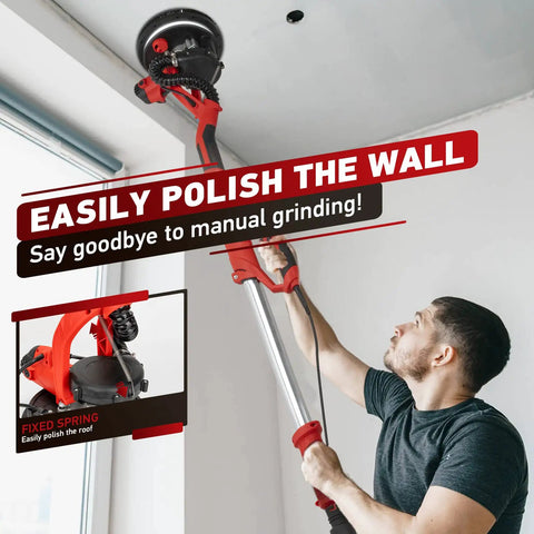 Person using Beast 850W Drywall Sander With Vacuum Dust Collector LED Work Light Folding Extendable Handle Six Speed Settings 800 To 1750 RPM Dustless Popcorn Ceiling Removal Tool With 6 Sanding Discs to polish ceiling