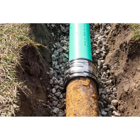 4 Inch Shielded Below Ground Sewer Pipe Coupling For Cast Iron Plastic Or Steel To Cast Iron Plastic Or Steel Plumbing Waste Connections With Elastomeric PVC Wrapped In 300 Series Stainless Steel For Heavy Duty Loads And No Fuss Pipe Alignment on buried pipe joint
