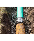 Six Inch Shielded Below Ground Sewer Pipe Coupling For Clay To Cast Iron Or Plastic Waste Lines on rusty pipe with stainless steel wrap.