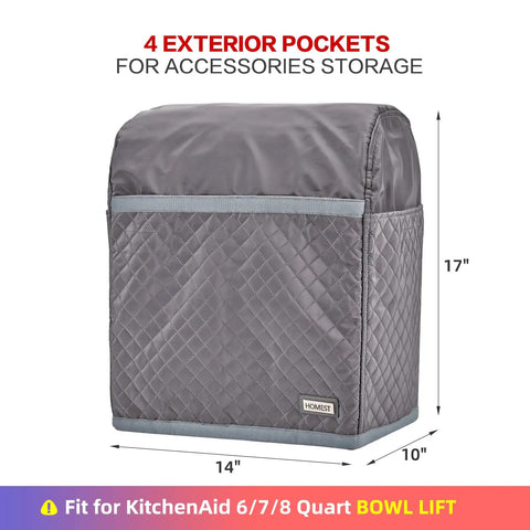 Quilted Dust Cover With Pockets For KitchenAid Stand Mixer 6 7 8 Quart Bowl Lift Grey Patent Design Protects Against Dust And Scratches Keeps Your Mixer Ready To Roll, showing grey quilt design and labeled dimensions 14x10x17 inches.