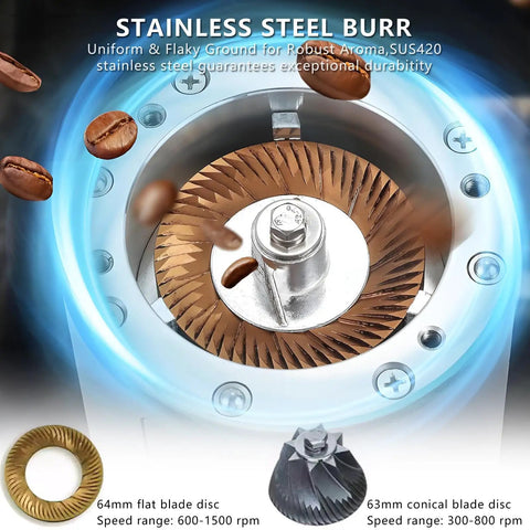 Kickstart Your Daily Brew With This No Fuss Commercial Coffee Grinder Equipped With Precision Conical Burrs Aluminum Alloy Build And Smart Stepless Timing Dial For Silky Espresso And Tea Lovers, showing stainless steel burr with coffee beans.