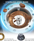 Close-up of stainless steel burrs in an electric coffee grinder, 64mm flat disc for variable speed control. Slap That Perfect Grind Every Day With This Single Dose Electric Coffee Grinder Featuring Variable Speed Control And Stepless Burr Settings For Flawless Espresso Cold Brew French Press Brewing.