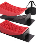 RV Camper Leveling Kit for Dual Axle Rigs with Curved Levelers Ramp 2 Wheel Chocks 2 Anti Slip Mats and Carry Bag for Travel Trailers and Motorhomes Plus, showing components