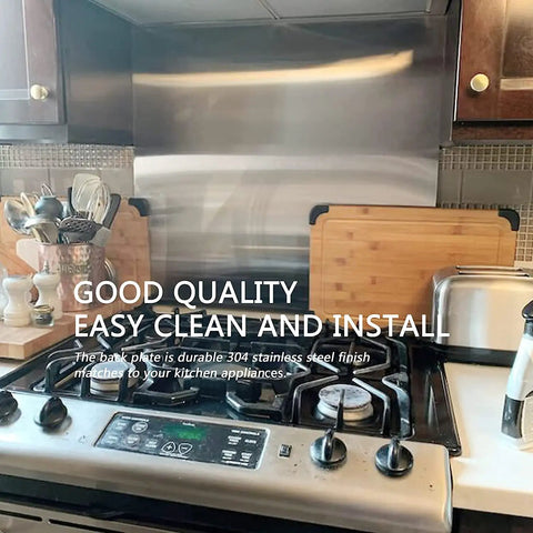 24 By 30 Stainless Steel Backsplash For Kitchen Behind Stove With Screws, visible as a sleek metal panel in a modern kitchen setting.