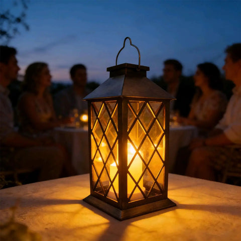Flickering Lantern With 3 Flameless Candles, Waterproof PVC Garden Hanging Lights, Realistic Dancing Flame glowing at a table