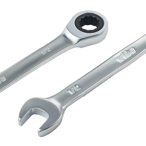Pro Grade 12 Piece Inch Ratchet Wrench Set With Quick Turn Handles, smooth shifting, heavy duty chrome finish, close-up view