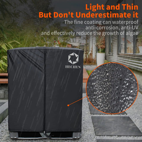 Beast IBC Cover for 275 Gallon Water Tank with Zipper shown in rain, featuring durable 420D waterproof shell for outdoor use.
