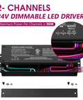 192W 2 Channel Dimmable LED Driver With 24V Output showcasing wiring and output details, IP67 UL Listed Class 2 Power Supply