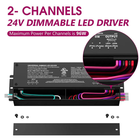 192W 2 Channel Dimmable LED Driver With 24V Output showcasing wiring and output details, IP67 UL Listed Class 2 Power Supply