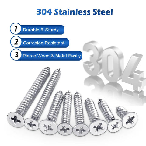 Assorted Stainless Steel Wood Screws Kit With Case, Self Tapping And Self Drilling Drywall Screws, Phillips Flat Head, Sizes Four, Six, Eight, Ten, Lengths From One Quarter Inch To Three Inches, Durable Metal Fasteners Set For Home And Workshop