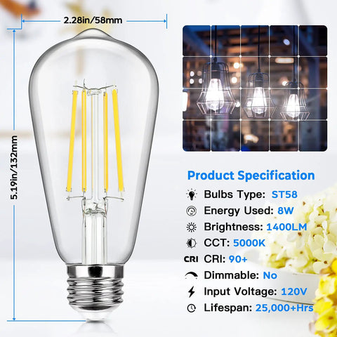 4 Pack Vintage E26 LED Edison Bulbs 100W Equivalent 1400LM High Brightness 8W ST58 Filament Bulbs 5000K Daylight White Clear Glass Non Dimmable with product specifications