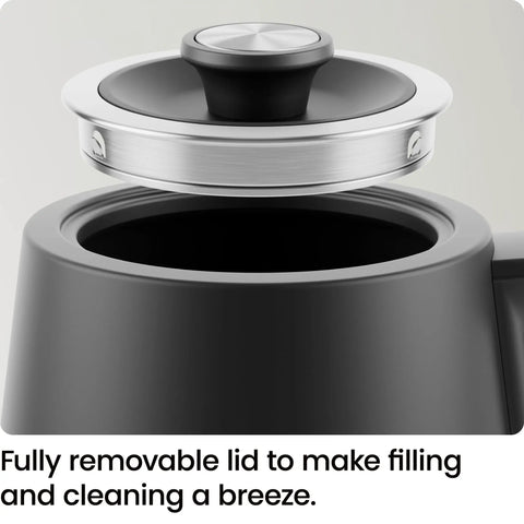 Open top view of gooseneck electric kettle 0.8L fast boil for pour over coffee and tea with one touch operation, showing removable lid.
