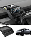Center Console Organizer For Tesla Cybertruck Behind Screen Storage Tray with phone, sunglasses, and napkins, black silicone material.