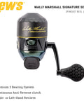 Wally Marshall Signature Series Spincast Fishing Reel with all-metal gears and dual ceramic pick-up pins, front view.