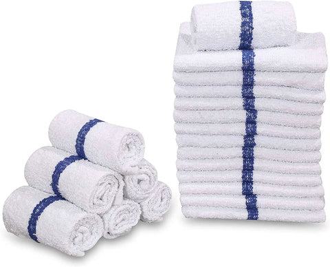 Soft Cotton Blend White Bar Mops For Restaurants And Kitchens 36 Pack With Blue Stripe 84 Percent Cotton 16 Percent Polyester Highly Absorbent Durable Easy Care Economy Grade Towels