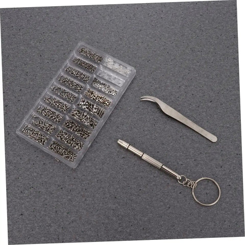 1000 Piece Stainless Steel Miniature Screws Kit For Glasses Phones Watches And Eyewear With Screwdriver And Tweezers Included All In One Assorted Sizes Rust Resistant Easy Install Go To Repair Set on a gray background