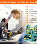 Man using tool from 8-in-1 repair tool kit next to car tire, focus on case with hammer, tape measure, and screwdriver displayed.