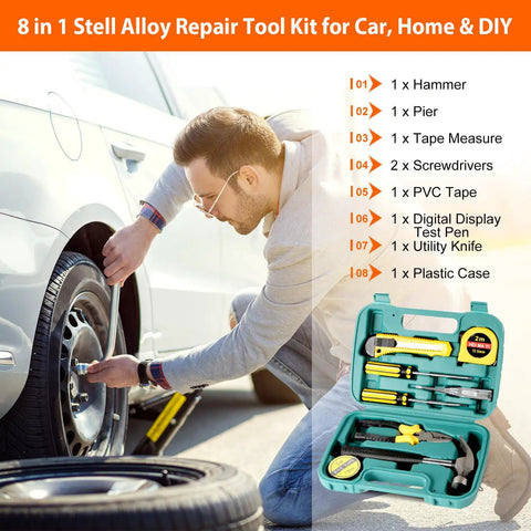 Man using tool from 8-in-1 repair tool kit next to car tire, focus on case with hammer, tape measure, and screwdriver displayed.