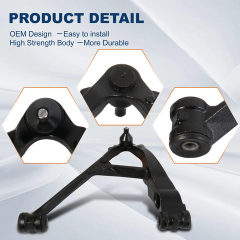 Two Piece Front Lower Control Arm Suspension Kit Fits Chevy Silverado Tahoe Avalanche GMC Yukon Sierra Cadillac Escalade For 1999 Through 2006 Trucks And SUVs Provides A Smooth Ride Precise Alignment And Easy Bolt On Install, front view showing steel arms with rust-resistant coating and installation details.