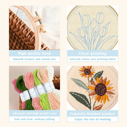 Punch Needle Embroidery Kit Beginner Friendly Two Pack With Tools, hoops and pre-printed tulip and sunflower design fabrics